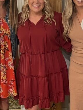 Women's Tiered Long-Sleeve Dress in Deep Red